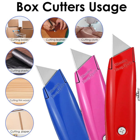 12 Pcs Retractable Professional Box Cutters Heavy Duty Aluminum Alloy Utility Knife Set With Three Color Options Blue Red Magenta For Warehouse Office Home DIY Projects, shown cutting boxes, leather, cloth, plastic, wood, and paper