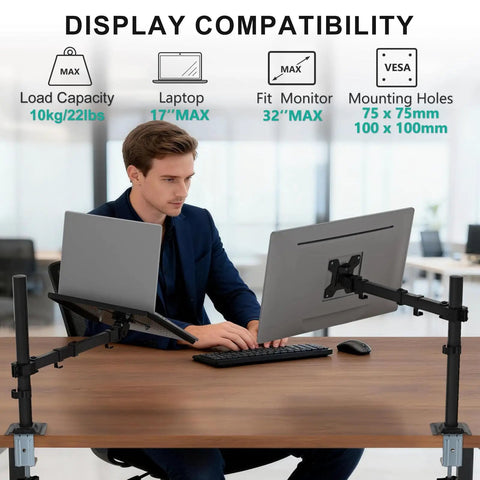 Man using adjustable laptop desk mount arm for 17 inch laptops and 32 inch monitors, holds up to 22 lbs, dual mounting, black