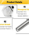 20 Pack 1/4-20 By 2 Inch Hex Head Bolts Forged From Top Shelf 304 Stainless Steel For Outdoor Jobs and Heavy Duty fastening showing hex head and fully threaded design.