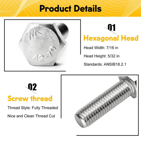 20 Pack 1/4-20 By 2 Inch Hex Head Bolts Forged From Top Shelf 304 Stainless Steel For Outdoor Jobs and Heavy Duty fastening showing hex head and fully threaded design.