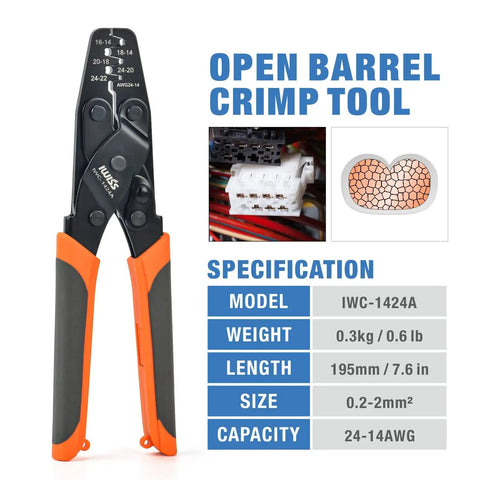 Open Barrel Terminal Crimping Tool For Deutsch DT Series Pro AWG14 To AWG24 shown with specifications.