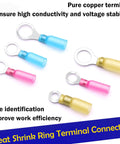 Color-coded heat shrink ring terminals with text Highlighting features, part of Heat Shrink Ring Terminals Kit 220 Pcs For 22 To 16 AWG No 10 and