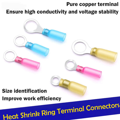 Color-coded heat shrink ring terminals with text Highlighting features, part of Heat Shrink Ring Terminals Kit 220 Pcs For 22 To 16 AWG No 10 and