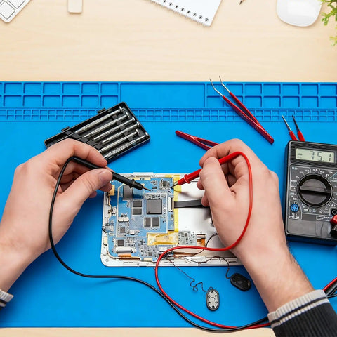 Hands working on a circuit board on an Oversized Soldering Mat 27.6 by 15.7 Inches Heat Resistant Silicone Workbench Surface.
