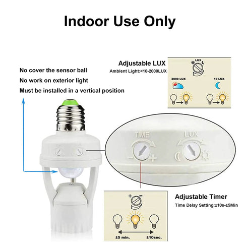 Two Pack Motion Activated Light Socket Adapters For E26 And E27 Bulbs Auto On Off Dusk To Dawn Sensor Indoor Use For Porch Garage Basement Hallways Closets Laundry Rooms, adjustable LUX and timer controls