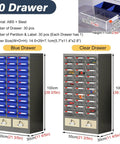Heavy Duty 52 Drawer Parts Cabinet With Tough As Nails Steel Construction And Secure Door Lock For Screw Bolts Nails And Hobby Craft Supplies Workshop Organization Slick Setup with blue and clear drawers.