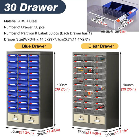 Heavy Duty 52 Drawer Parts Cabinet With Tough As Nails Steel Construction And Secure Door Lock For Screw Bolts Nails And Hobby Craft Supplies Workshop Organization Slick Setup with blue and clear drawers.