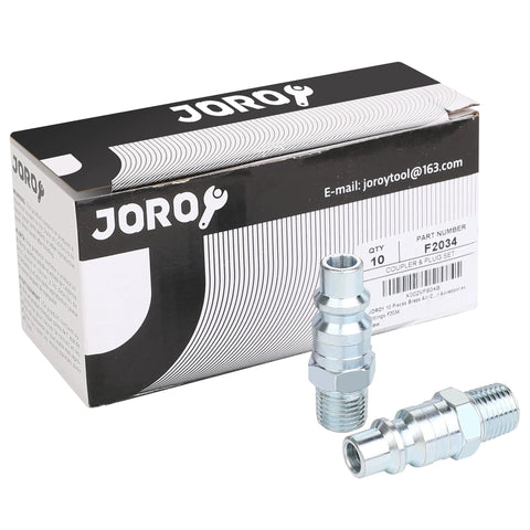 Front view: JOROY air hose fittings, two steel high-flow M-Type plugs with 3/8 in hose and 1/4 in male threads, in box