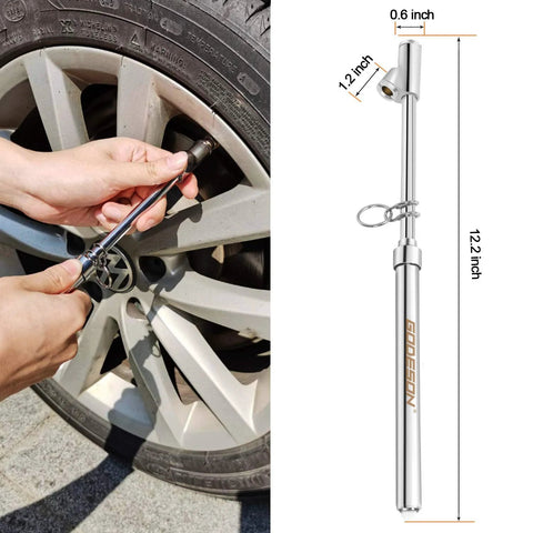 GODESON dual-head tire pressure gauge in use on a car tire; full-length stainless steel dual-head gauge branded GODESON.