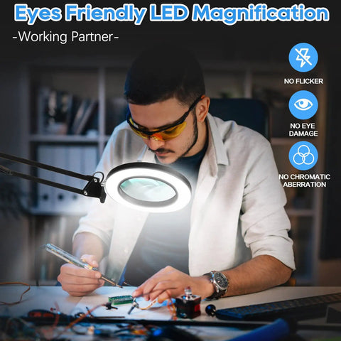 Man using 10X Lighted Magnifying Glass With Adjustable Swing Arm And 72 LEDs Real Glass Lens Loupe for detailed workbench tasks