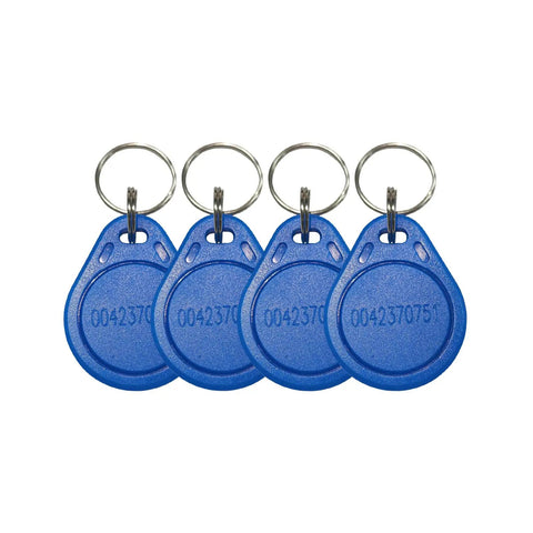 Four blue 100 Pack 125KHz RFID Key Fobs For Door Access Control Read Only EM ID Cards With Unique Preprogrammed IDs