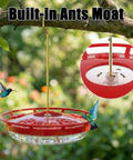 Two Pack 16oz Leak Proof Dish Style Hummingbird Nectar Feeder With Built In Ant Moat Five Feeding Ports Wide Mouth For Easy Clean BPA Free Outdoor Garden Decor Gift hung in garden.