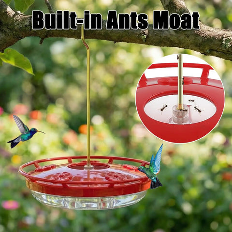 Two Pack 16oz Leak Proof Dish Style Hummingbird Nectar Feeder With Built In Ant Moat Five Feeding Ports Wide Mouth For Easy Clean BPA Free Outdoor Garden Decor Gift hung in garden.