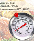 Analog 12 Inch Candy And Deep Fry Thermometer With Instant Read Dial, showing temperature range 50°F-550°F, stainless steel probe.