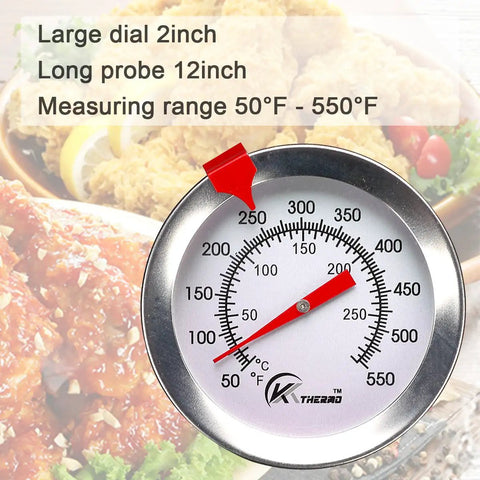 Analog 12 Inch Candy And Deep Fry Thermometer With Instant Read Dial, showing temperature range 50°F-550°F, stainless steel probe.