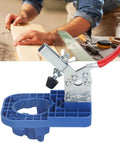 Precision Hinge Opening Locator 35mm Drill Guide for Woodworking Doors and Cabinets in blue with adjustable clamp for precise drilling.