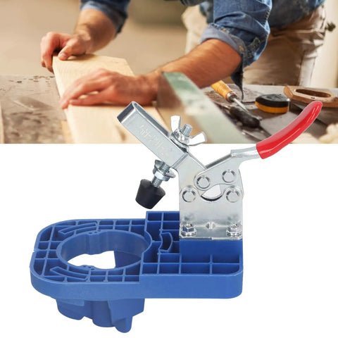 Precision Hinge Opening Locator 35mm Drill Guide for Woodworking Doors and Cabinets in blue with adjustable clamp for precise drilling.