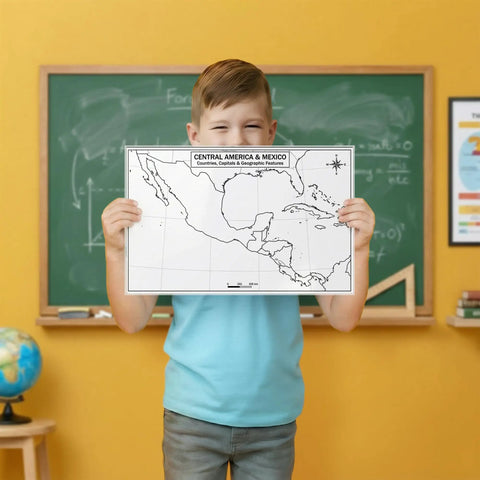 Child holding 11x17 Laminated Dry Erase Central America And Mexico Map, Double Sided With Color Front And Blank Outline Back in classroom