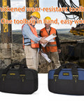 Black and blue 14 Inch Wide Mouth Tool Tote Bag for Electricians and Pros showcased on a construction site