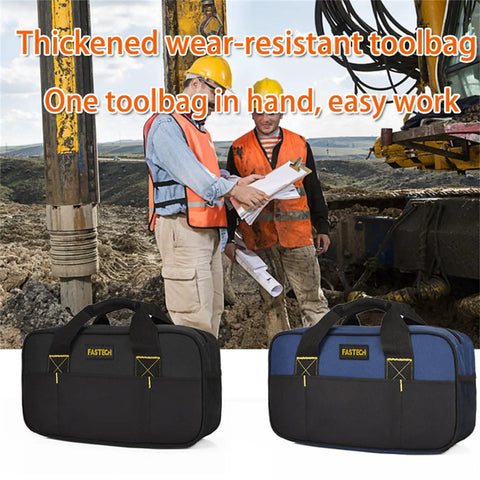 Black and blue 14 Inch Wide Mouth Tool Tote Bag for Electricians and Pros showcased on a construction site