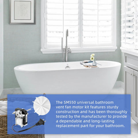 Super Handy Bathroom Fan Motor Replacement Fits Nutone Broan in modern bathroom with tub and fan motor close-up.