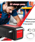 Top Rated 7500mAh Self-Priming Oil Change Pump Compatible With EAFC 140W For Cars And Trucks No Power Cords Needed For Quick Fluid Extraction. Oil change pump with red label, used for effective fluid extraction.