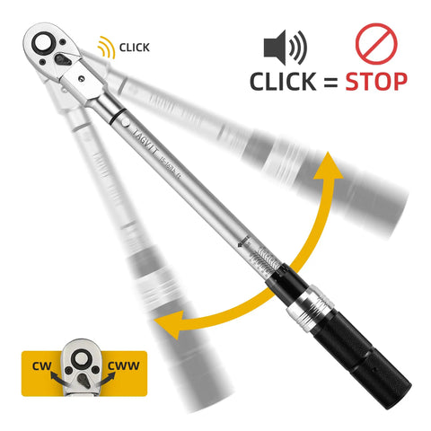 Pro Grade Interchangeable Torque Wrench Set With 14mm x 18mm Open End, 1/2 Inch Ratchet Head, click feature demonstration
