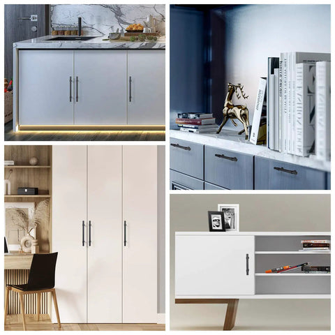 Matte Black Cabinet Pulls 15 Pack, 3 Inch Center to Center, on various kitchen cabinets and drawers, modern design.