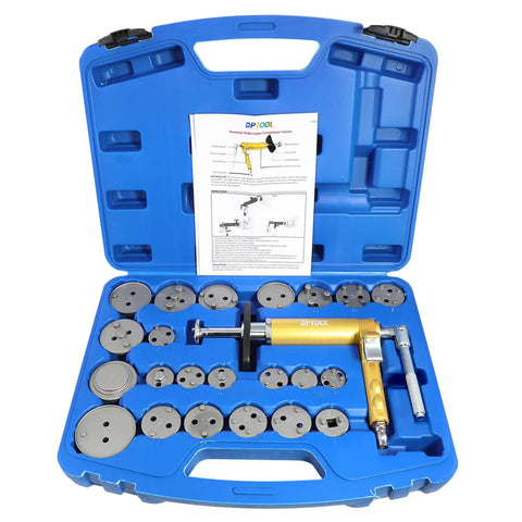 23 Piece Pneumatic Brake Caliper Wind Back Tool Kit With 22 Adapters in blue carrying case for auto repair