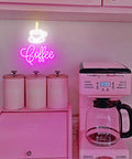Coffee Cup LED Neon Sign For Home, Cafe, Bar, Or Office, Dimmable 3D Light Up Night Light Wall Decor in a pink kitchen setup