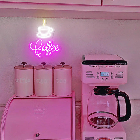 Coffee Cup LED Neon Sign For Home, Cafe, Bar, Or Office, Dimmable 3D Light Up Night Light Wall Decor in a pink kitchen setup