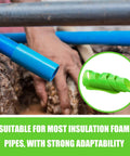 Person using 6 Pack Foam Pipe Insulation Cutter Kit, DIY Friendly Tube Cutting Guide Tools in 15mm 22mm 28mm Sizes, Durable Green on blue pipe.