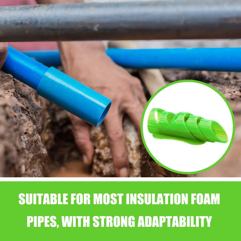 Person using 6 Pack Foam Pipe Insulation Cutter Kit, DIY Friendly Tube Cutting Guide Tools in 15mm 22mm 28mm Sizes, Durable Green on blue pipe.