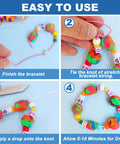 Step-by-step guide using Bracelet Glue For Elastic String Knots And Bead Charms. Shows tying, applying glue, drying.