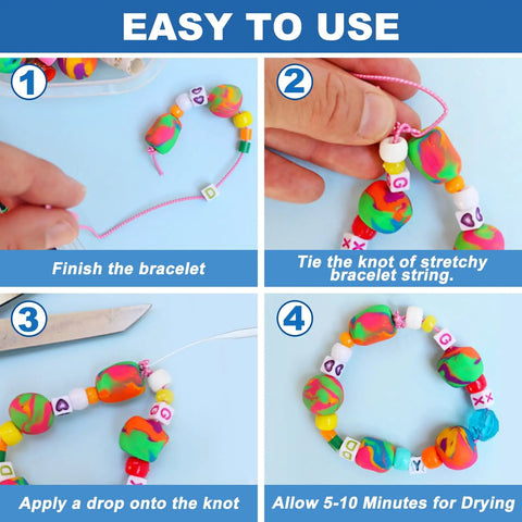 Step-by-step guide using Bracelet Glue For Elastic String Knots And Bead Charms. Shows tying, applying glue, drying.