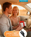 Magnetic Premium Leather Sunglass Holder For Car Visor With Quick Snap Tether One Hand Eye Glasses Drop Organizer displayed with happy couple.