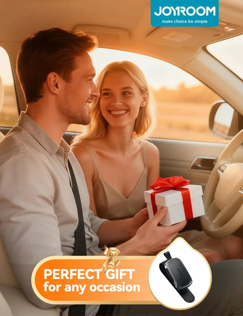 Magnetic Premium Leather Sunglass Holder For Car Visor With Quick Snap Tether One Hand Eye Glasses Drop Organizer displayed with happy couple.