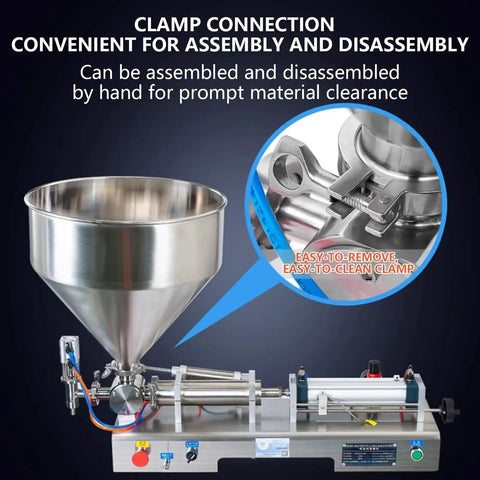 Smooth Operator Pneumatic Bottle Filler Machine with Heavy Gauge Stainless Steel Hopper showcasing clamp connection for easy assembly.