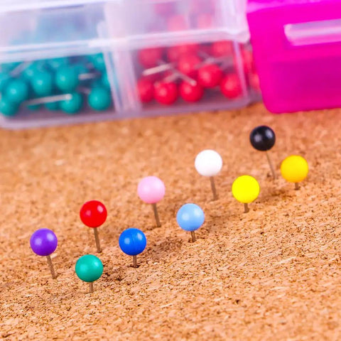 Kickass Bulk Supply Of 600 Heavy Duty Map Tack Push Pins featuring colorful bead heads on cork board for classroom use.