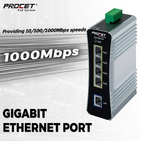 Front view of Industrial 4 Port Gigabit PoE Switch On Din Rail With 90W Per Port High Power PoE, displaying Ethernet ports.