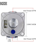 Adjustable natural gas regulator size with 3/4" FNPT inlet and outlet fittings for grills and stoves.