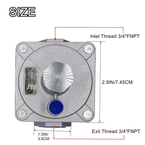 Adjustable natural gas regulator size with 3/4" FNPT inlet and outlet fittings for grills and stoves.