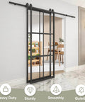 Bypass Double Glass Barn Door Set With 6.6Foot Side Mounted Hardware Kit Two 30x84 Inches Clear Tempered Glass Panels in Aluminum Frame