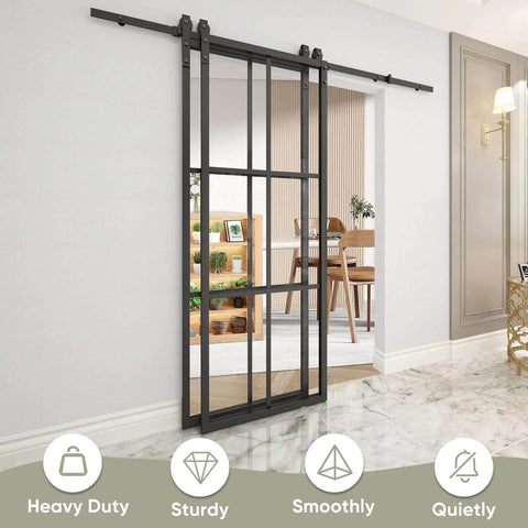 Bypass Double Glass Barn Door Set With 6.6Foot Side Mounted Hardware Kit Two 30x84 Inches Clear Tempered Glass Panels in Aluminum Frame