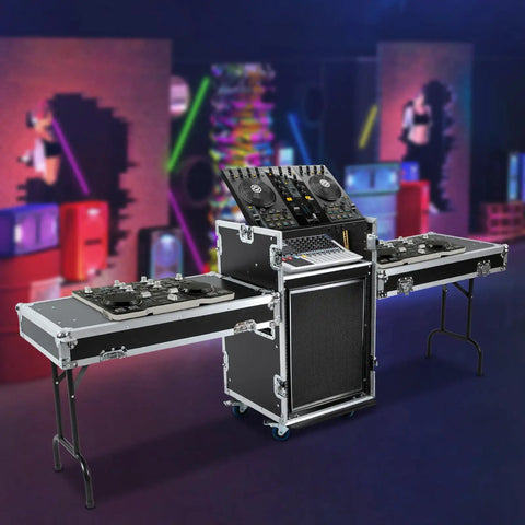 Heavy Duty 14U PA DJ Rack Mobile Audio Cabinet with dual side panels and plywood build shown in studio setup