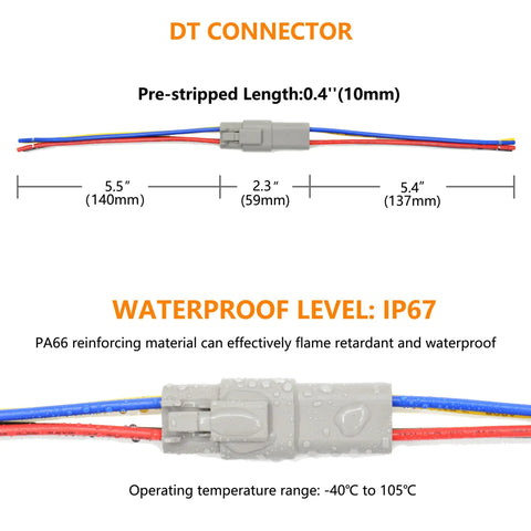 2 Pack 6 Pin Deutsch Waterproof Electrical Butt Connector Kit for 16AWG, shown with IP67 rating and dimensions