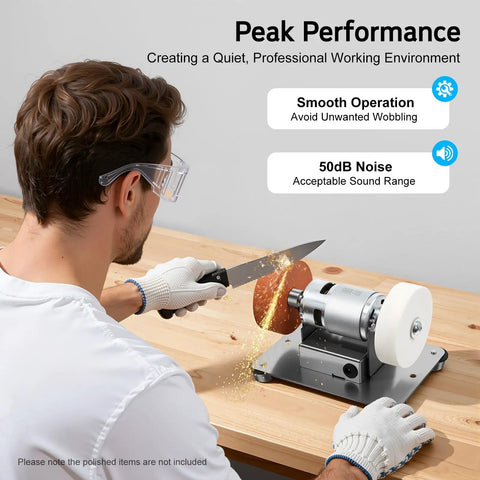 Person using the 96W Dual Wheel Benchtop Sander Grinder With Variable Speed Control 3000-6000 RPM Copper Motor for sanding.