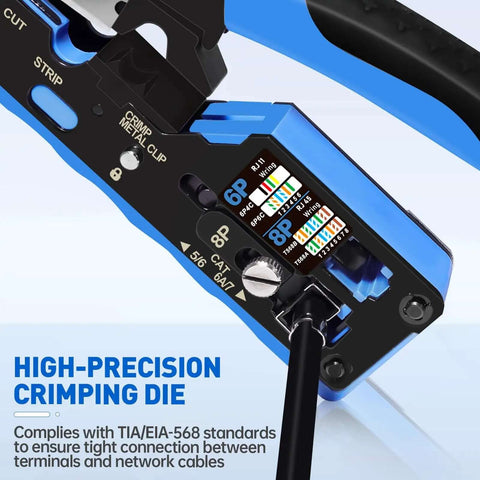 Close-up of All In One Ethernet Crimping Tool Kit with high-precision die, perfect for DIY home networking installations.