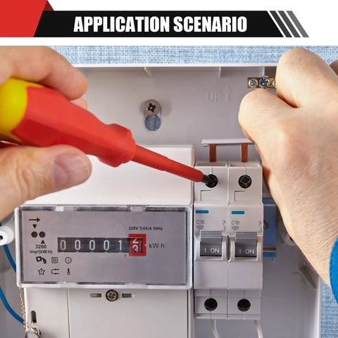Pro Grade 13 Piece Screwdriver Set With 1000V Insulation And Built In Voltage Test Probe featuring a red screwdriver working on a circuit panel.