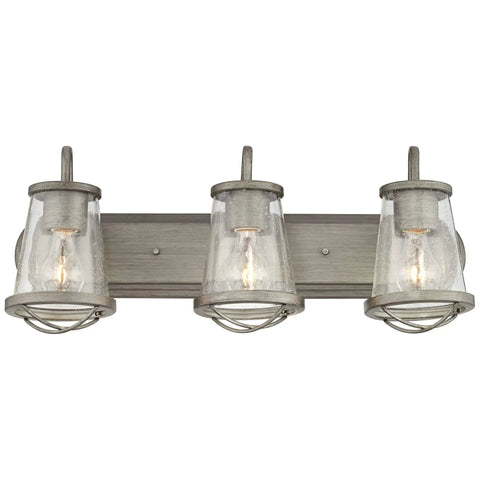 Darby 3-Light Bathroom Vanity Light Fixture In Weathered Iron With Clear Seedy Glass Shades, Industrial Rustic Style, Steel Construction
